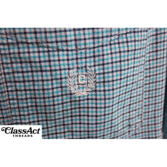 Chaps Shirt Mens Teal Blue Checked Long Sleeve Button Down Cotton Sz L - Picture 6 of 6